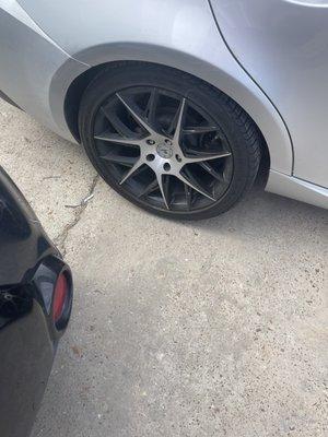 Lug nuts missing because they came off while driving.