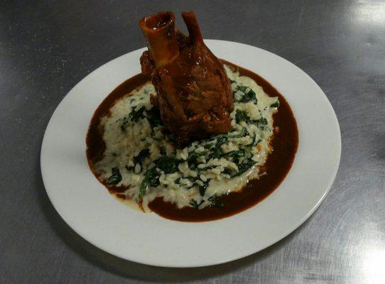 Pork shank Osso -Bucco over spinach risotto