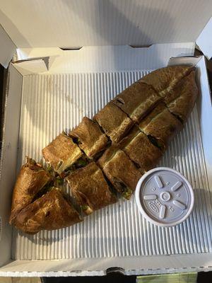 Stromboli with pep, mush (canned, I forgot to ask if they had fresh), green pepper. $16.50 only one size available and up to 3 toppings