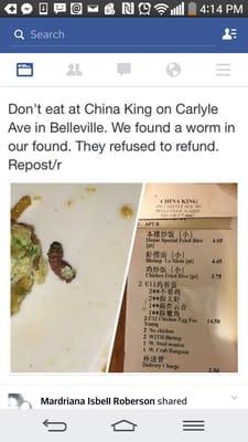 Worm found in food. They refused to give a refund. Very rude, food gross.