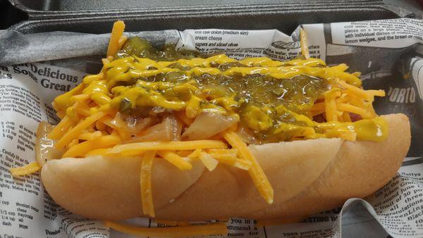 Dawg with grilled onions, mustard, relish, cheese