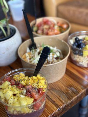 Build your own poke bowl. Açaí bowl and hot and sour chicken bowl