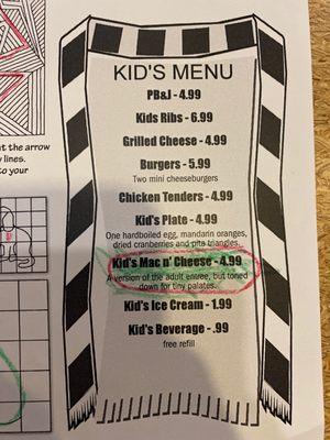 Kids menu