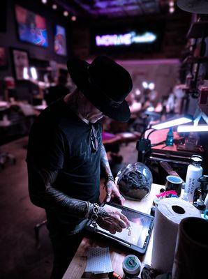 Jonny Ocean at Mohave Creative Tattoo Shop in Los Angeles, California, on Santa Monica Blvd. and the 405 freeway. Piercings and tattoos.