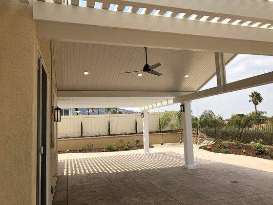 Gable Solid Top and Lattice Combo
Double Header Beams and Square Columns 
Recessed Lights with Dimmer
Ceiling Fan and Post Lights