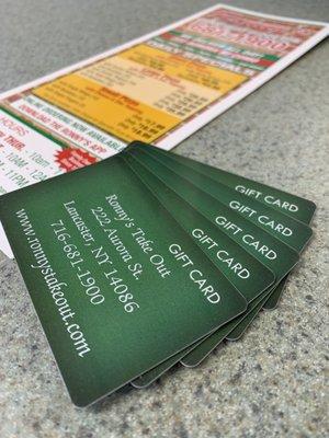 Ronny's Take Out Pizza gift cards are available in any amount.