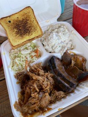 Combo Plate - 2 meat (brisket and pulled pork), 2 sides (coleslaw and potato salad), Texas toast