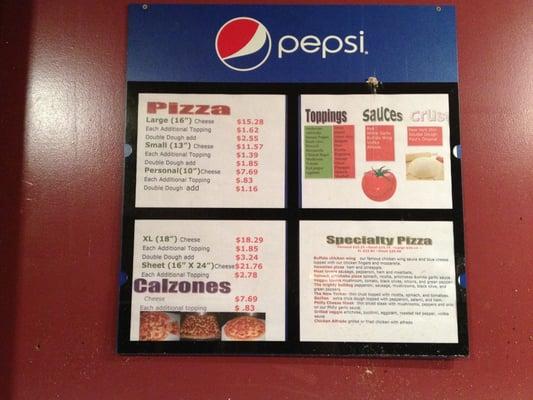 Pizza and Calzone menu