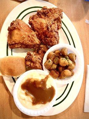 Fried chicken okra and mashed potatoes