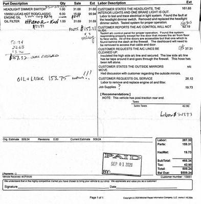 Invoice for my classic car at complete auto.