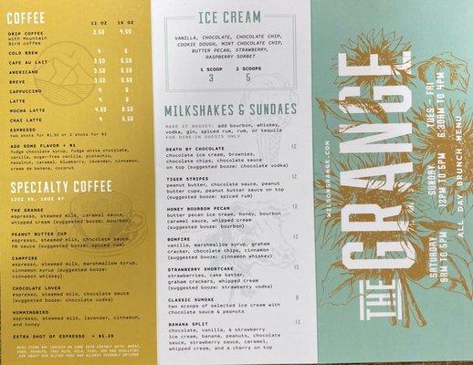 The Grange Menu. Come & join us to get your coffee fix, ice cream fix, or milkshake fix.