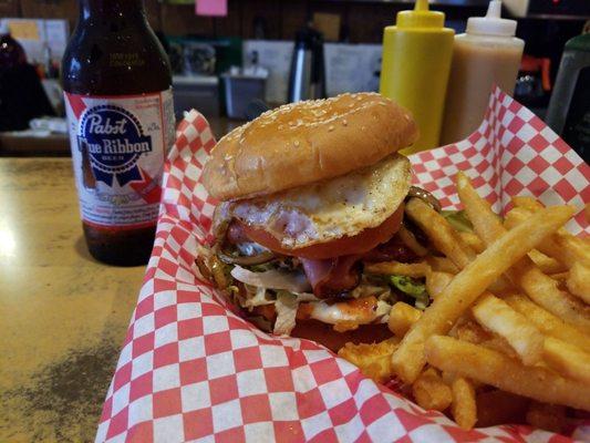 Jason burger, fried egg, grilled onions, and a frosty PBR