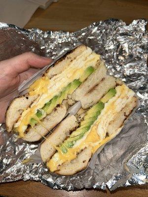 Bagel with egg whites, cheese, and avocado