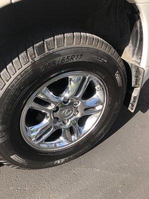 Terrible application of the tire shine on half the car, and it got all over. Didn't even bother to wipe down the rims.