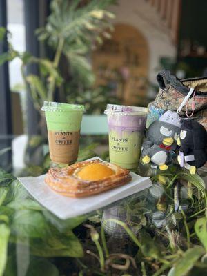 Iced Vietnamese Coffee w/ Pandan Cold Foam, Iced Matcha Latte w/ Ube Cold Foam, Peach Danish