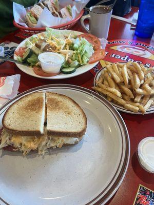 reuben,salad, chicken club, fries