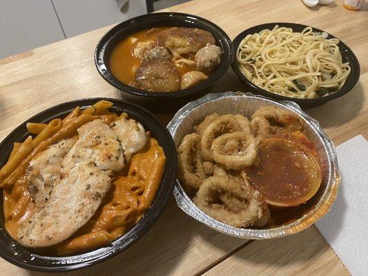 Penne alla vodka, chicken alla Donato, fried calamari