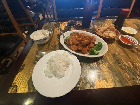 General Tso Chicken with white rice.