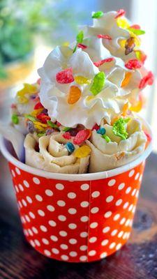 Rolled ice cream + marshmallows + Fruity Pebbles cereal