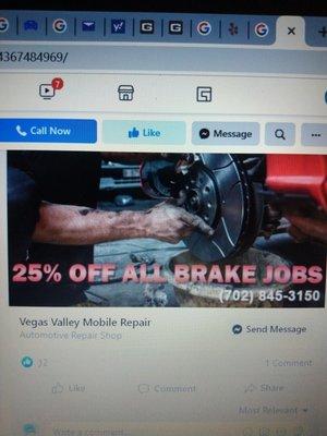 This is the FB page where they give 25% off brake jobs.  They never offered this to me and now say they had to do the job for less.