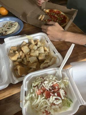 Dinner salad, garlic knots, personal pizza