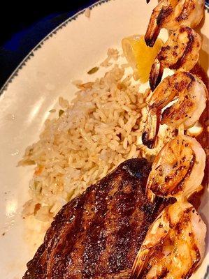 7oz. Sirloin w/ grilled shrimp skewer, tasty stuff. Rice side. Nice.