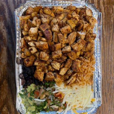 Grilled chicken burrito bowl take away.