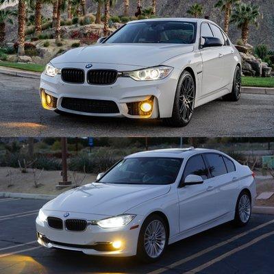 Before and after photos of custom front bumper, fenders, side skirts, and rear bumper install in alpine white to match car perfectly.