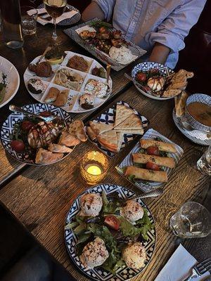 Chicken plate, mezze platter, burrata, lentil soup, falafel