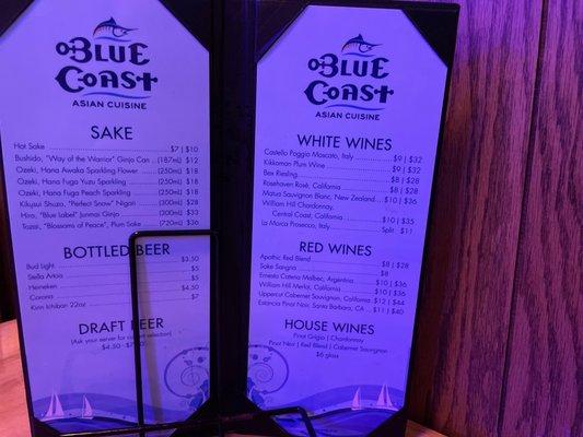 Drinks menu