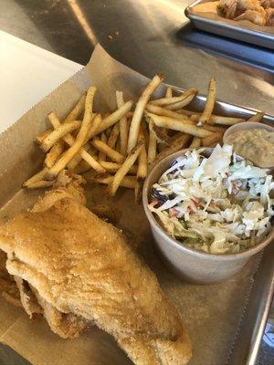 Fresh Fried Flounder, fries, and cole slaw.