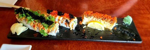 Vampire, tiger, and westport roll with Masago on top