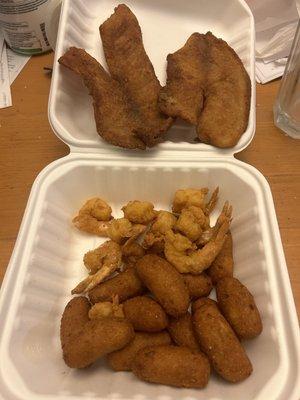 Flounder, shrimp, hushpuppies