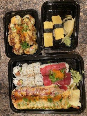 Philly Roll, Super California roll, Creamy Maguro Roll, Fire Starter Roll, Tamago, Avalon Roll