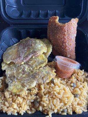 Beef & Cheese Pastelillo with yellow rice & tostones