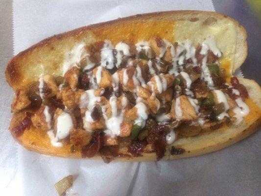 Chicken BBQ Cheesesteak with Cheddar and Mozzarella cheese, Bacon, onions, peppers, Ranch Dressing