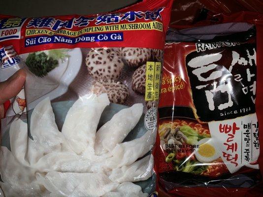 frozen dumplings ($4 and some change); spicy korean ramen bundle (5/$4.29)