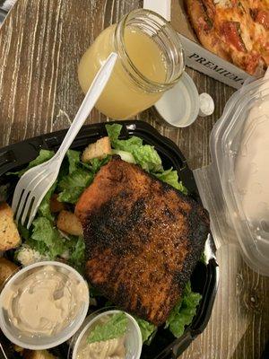 Blacken salmon Caesar salad and vanilla infused lemon drop (love the mason jar for the to go option)!