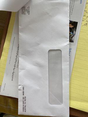 Letter envelope from sales manager with Texas return address.