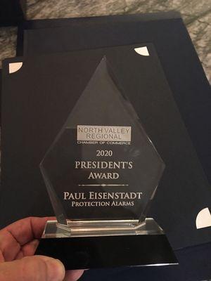 Paul Eisenstadt was presented with the Presidents Award for 2020 from the North Valley Regional Chamber of Commerce