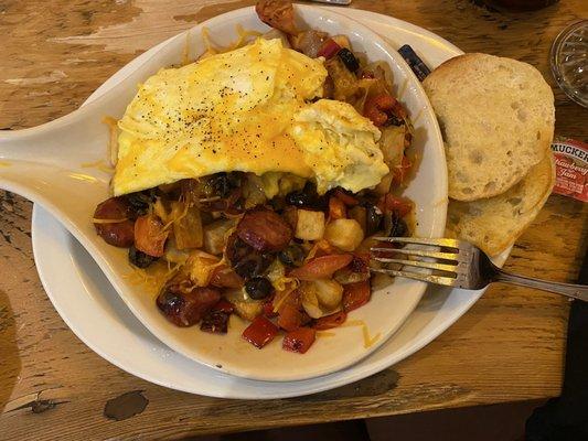 Andouille skillet with scramble eggs ( not too Spicy) really good!!