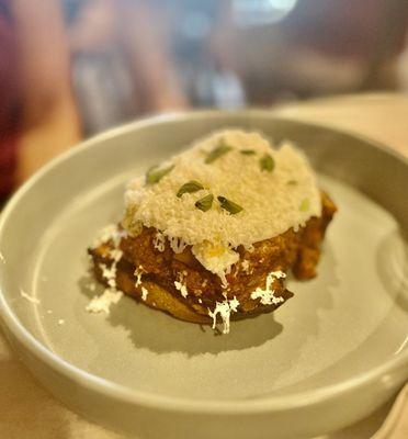 Sloppy Mustafa Toast (Moussaka, cheese, egg on toast)