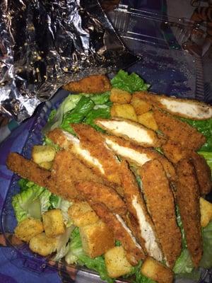 Crispy Chicken Caesar Salad ! Lots of chicken , big ass salad !