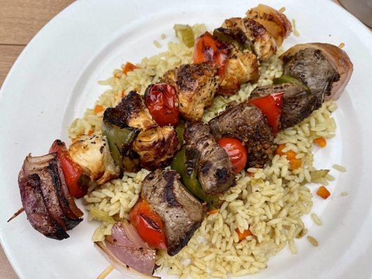 Shish kabob - one chicken and one beef.