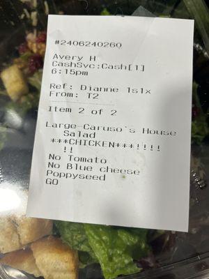 Large Caruso's House Salad without chicken ordered and paid for