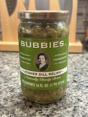 Love Bubbies kraut and pickles and this relish! Great in tuna salad, on dogs etc! I prefer dill to sweet relish