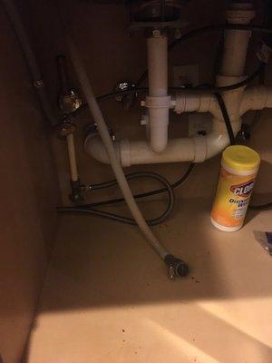 Dishwasher drain hose left disconnected in cabinet.  Foul odors and rancid water flowed into the cabinets and damaged the wood floor