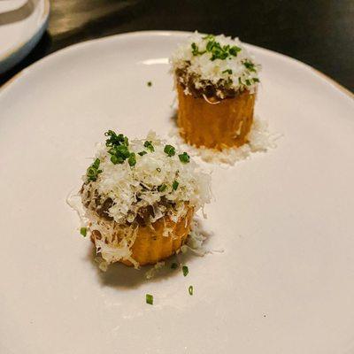 NYE 2021 Dinner Menu: Panisse comte, smoked onion jam, chives