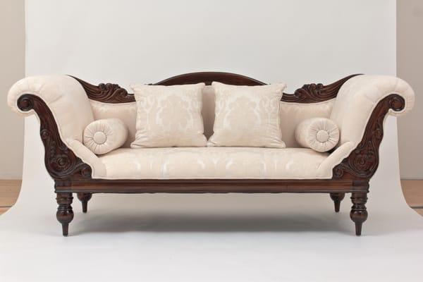 Victorian campaign three-seater sofa in Ivory floral damask upholstery