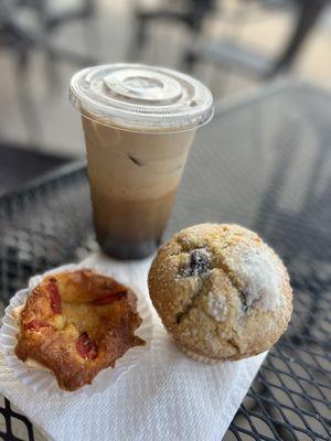 Tomato quiche, blueberry muffin and "big" size iced coffee....reasonably priced and delicious!